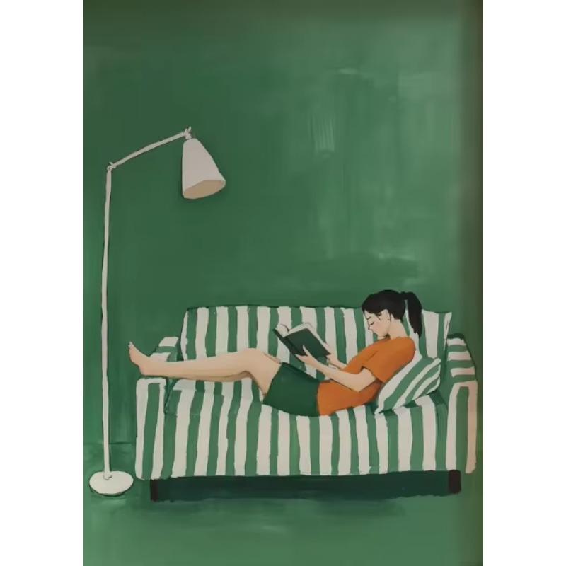 Nordischer Stil Smaragdgrüne Streifen Lässiges Mädchen Leinwand Wandkunst Moderne Abstrakte Weibliche Minimalistische Poster für Heimdekoration