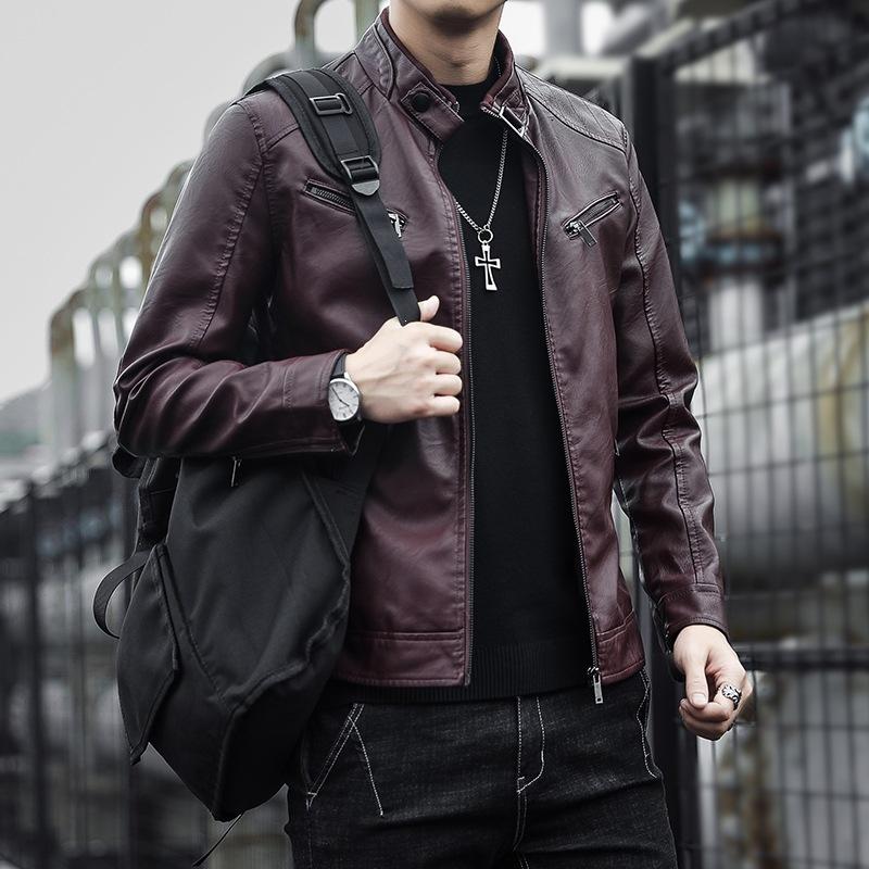 Autumn and winter new light business casual black leather jacket men's daily commuting soft leather velvet stand-up collar versatile men's leather