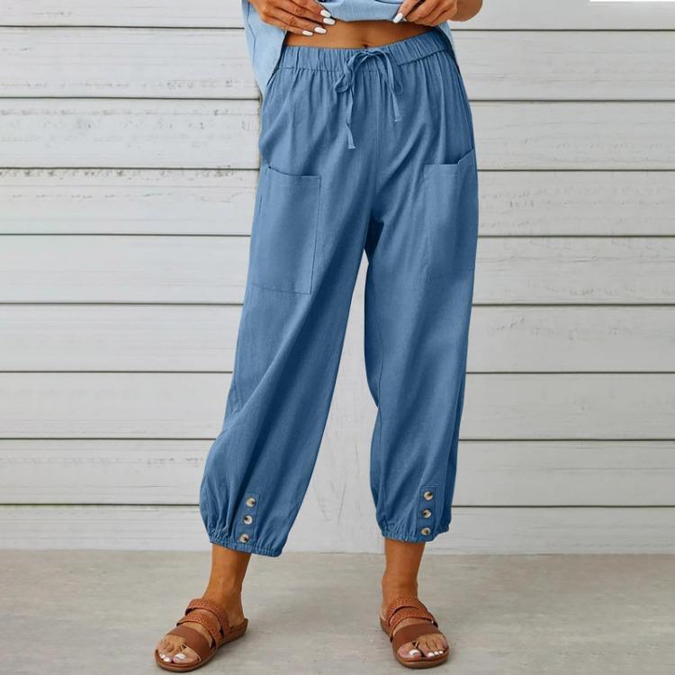 Spring Women Cotton Linen Pants High Waist Wide Leg Trousers Elastic Waist Loose Straight Solid Color Harajuku Female