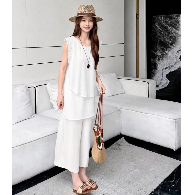 Women's Linen Blend Lace Patchwork Two-Piece Set