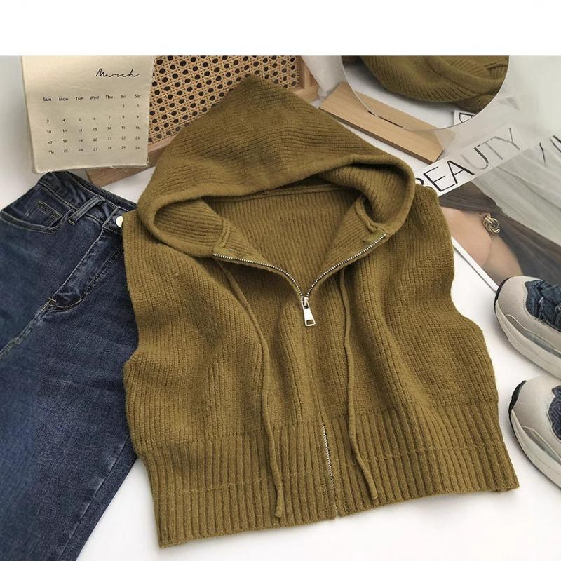 Women's Hooded Knitted Vest Autumn and Winter Zipper Cardigan Sweater Vest Top
