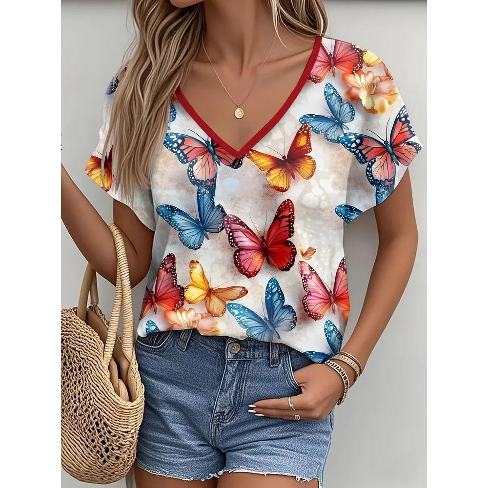 Summer Women Beautiful Flowers V Neck Casual Fashion Tops Comfortable Loose Short Sleeve T-shirt