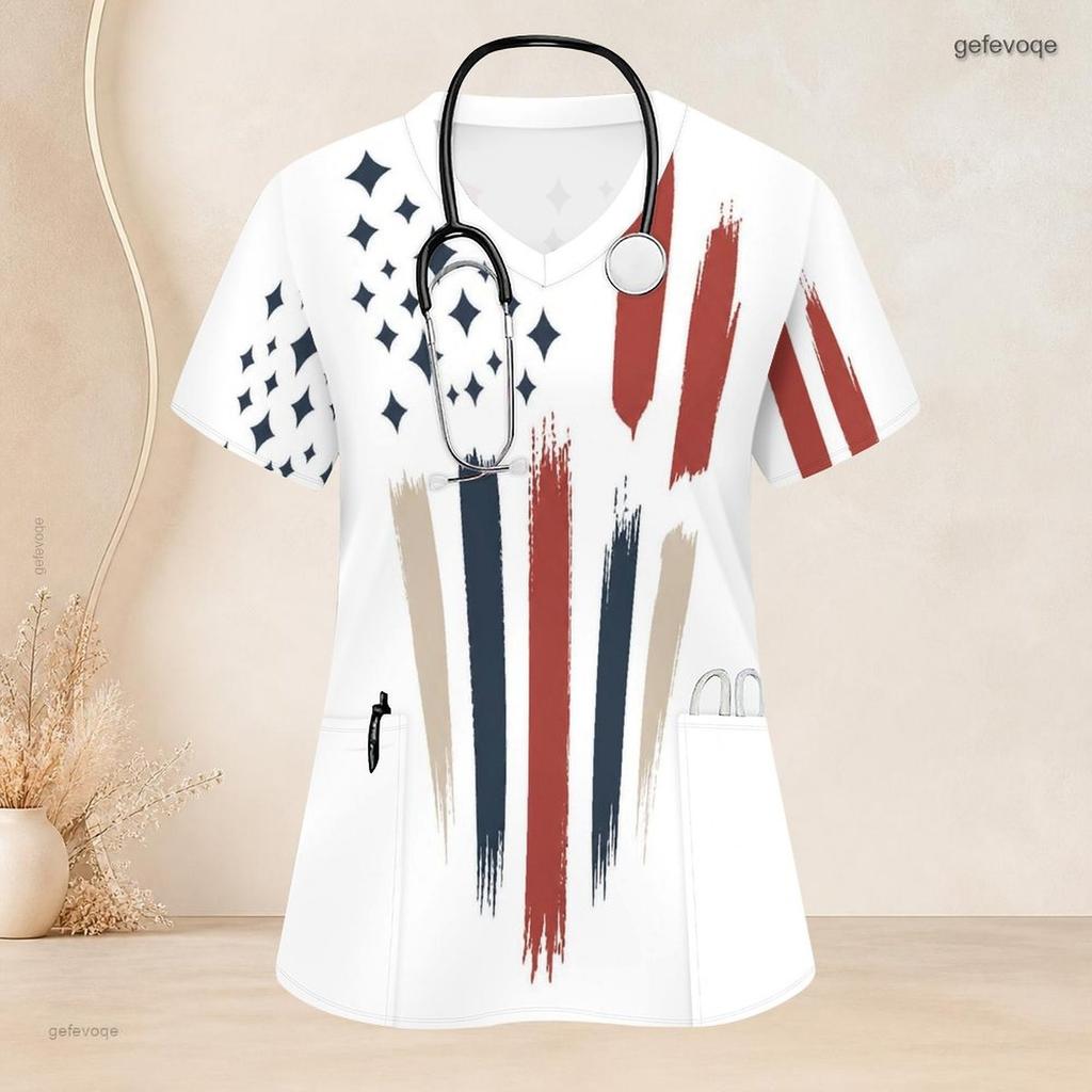 Women Plus Size V Neck Short Sleeve Printed Nurse Scrub Top With Front Pockets