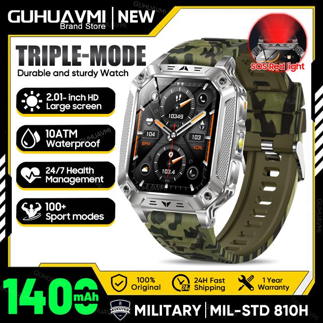 New Military 1400mAh Battery Smart Watch 2.01-inch AMOLED Screen LED Flashlight Waterproof BT Call Sports Smartwatch Men