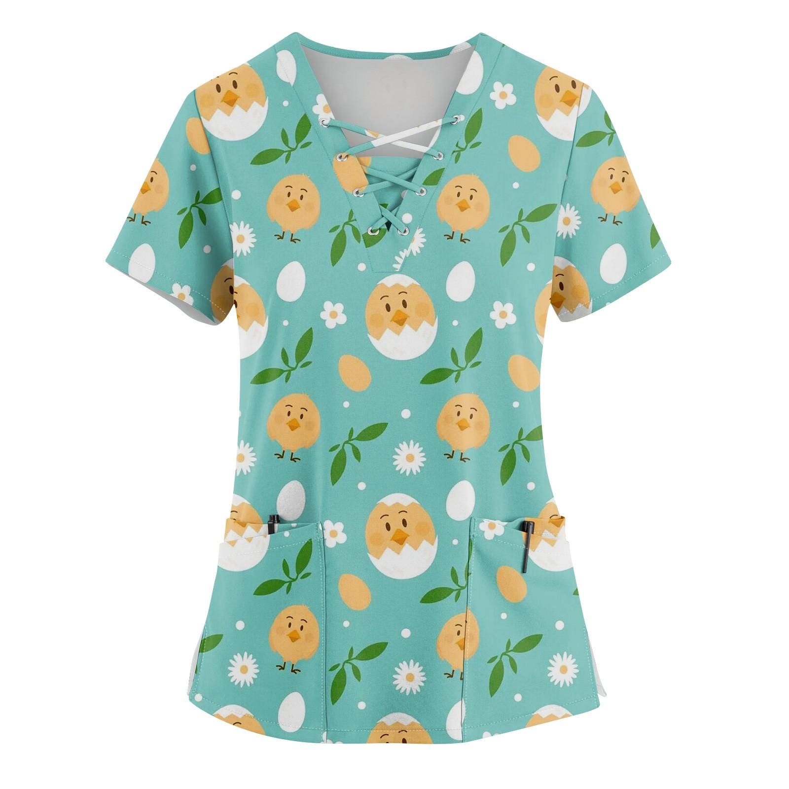 Women s Short Sleeve V-Neck Drawstring Easter Bunny Egg Print Pocket  Top L