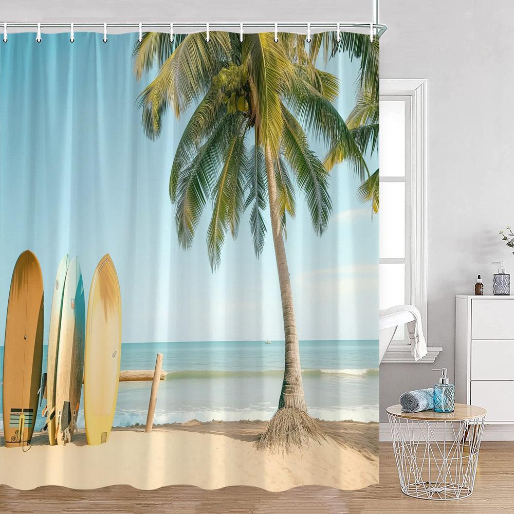 Camping Surf Duschvorhänge Sommerurlaub Reisender Wohnmobil Strand Kokospalmen Meerufer Badezimmerdekorationen Retro Badevorhänge