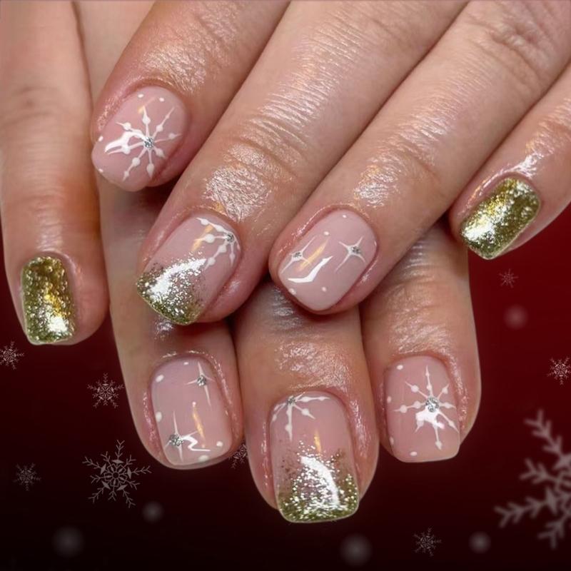 

Reusable French Tip False With Sparkling Snowflakes No Required Holiday Manicure ABS Art For Women And Ideas 1