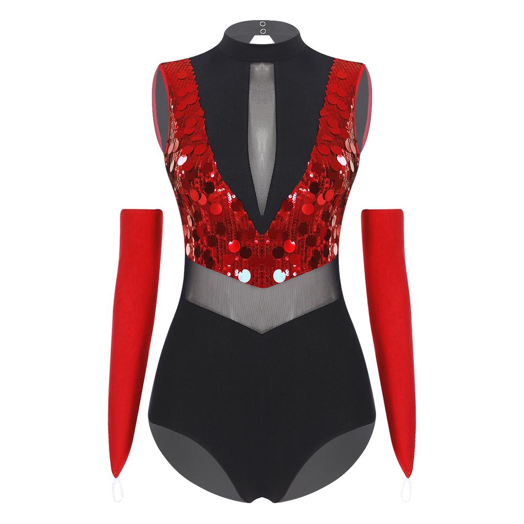 Women Shiny Sequin Leotard Gymnastics Dance Performance Outfit Mock Neck Sleeveless Sheer Mesh Waist Cutout Back Bodysuit