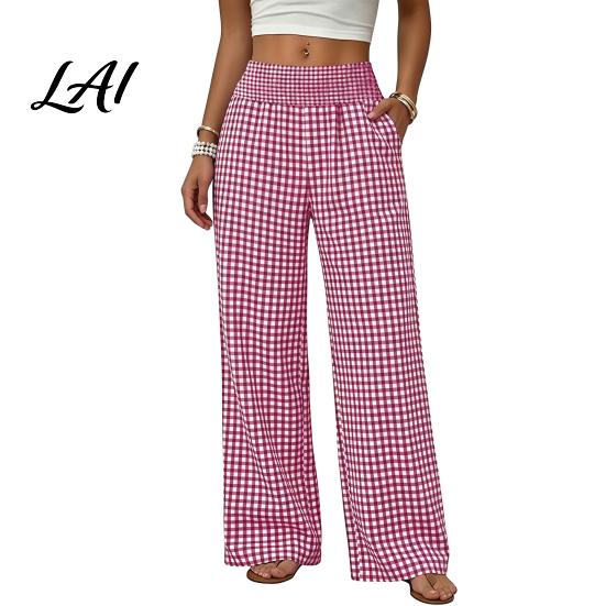 Women Casual Pants Striped Wide Leg Pants Summer Elastic Waist Breathable Trousers Loose Fit Palazzo with Pockets Daily Wear