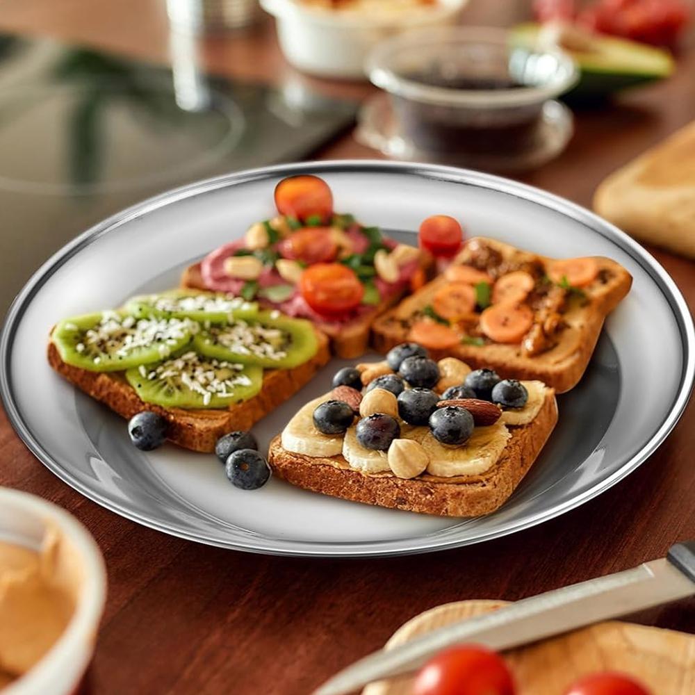 1Pc Stainless Steel Plates 7.9 Inch Metal Camping Plates Large Serving Platters Silver Serving Platter Dinner Salad Plates Round