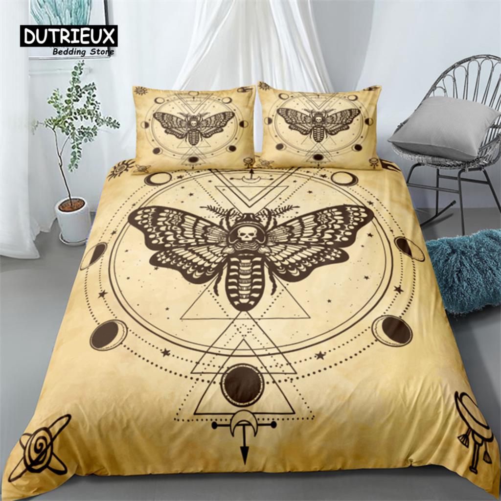 Gothic Skull Bedding Set Death Moth Flowers Print Duvet Cover Skeleton Bones Butterfly Pillowcases