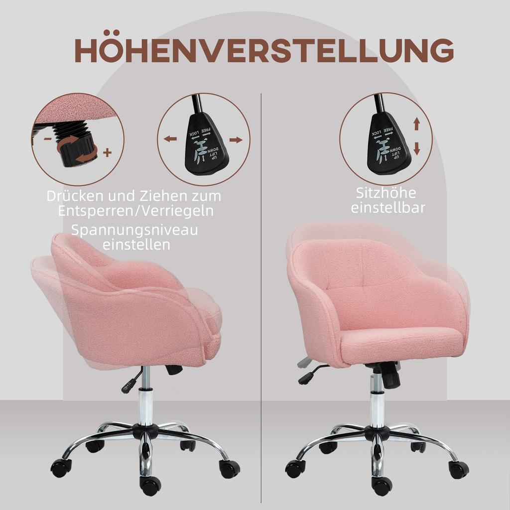 Home Office Chair, Ergonomic Desk Chair with Rocking Function, Teddy Velvet Look, 56 X 61 X 86 Cm, Pink