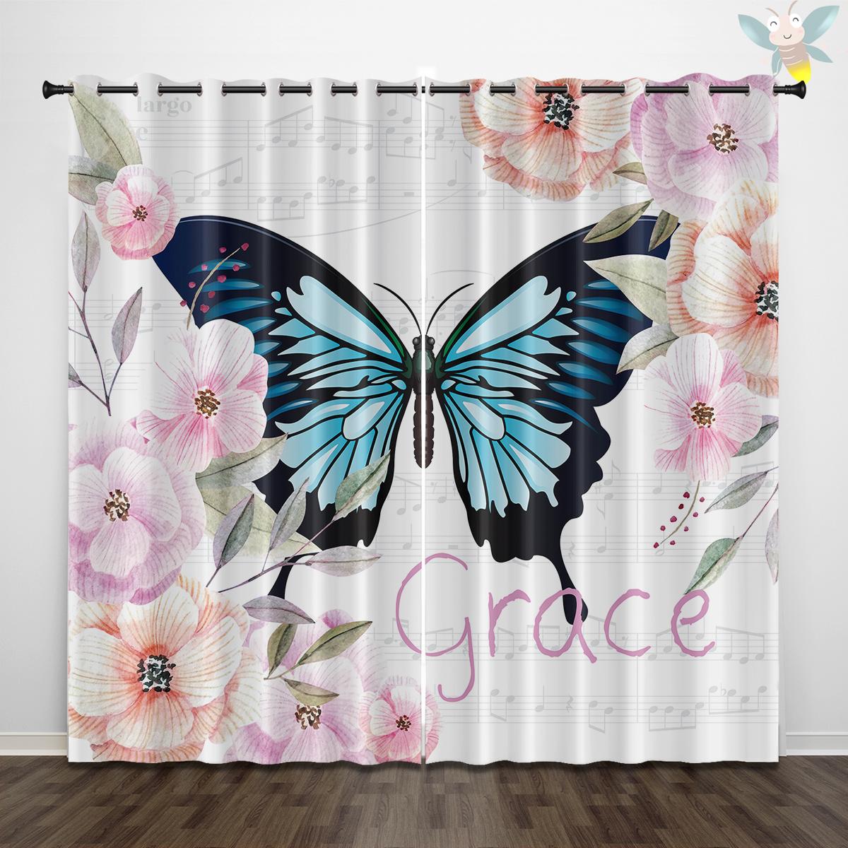 

2 шт. штор с принтом в виде бабочек и цветов для декора в стиле лофт, спальни, гостиной 140x160cm&Grommet Top