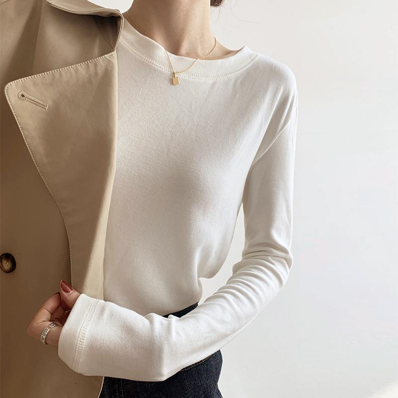 Fashion Long Sleeve Slim Fit White T-shirt Women Round Neck Spring and Autumn Simple Base T Shirt Ladies Elegant Solid Casual Pullover Tee Tops 25571