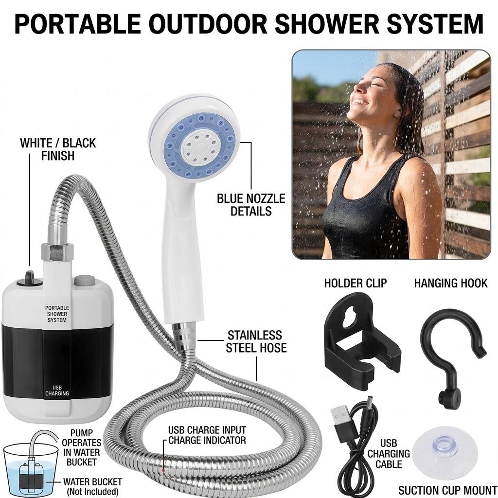 Portable Rechargeable Camping Shower Pump Kit, Outdoor Electric Shower Head for Camping Hiking Beach Swimming, Camping Essentials