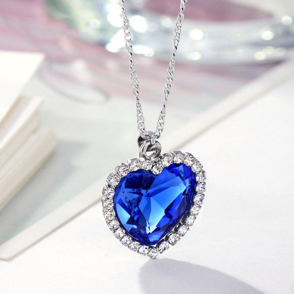 Small Blue Crystal Necklace Heart Gem Titanic Movie Girlfriend Couple Accessory