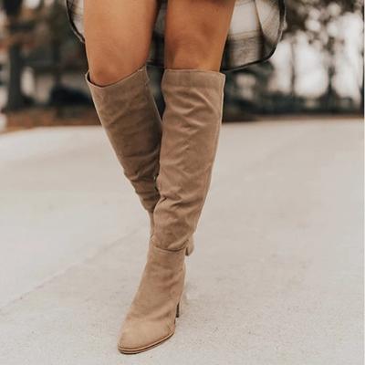 Calçados de Outono e Inverno Botas Femininas Confortáveis Solado Grosso Tamanho Grande Tubo Longo Salto Grosso Zíper Lateral Pontiagudo