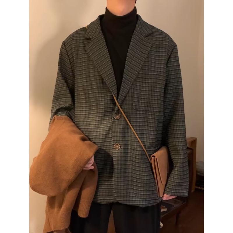 Unisex Japanese Retro Plaid Suit Jacket - Casual Spring/Autumn Vintage Style