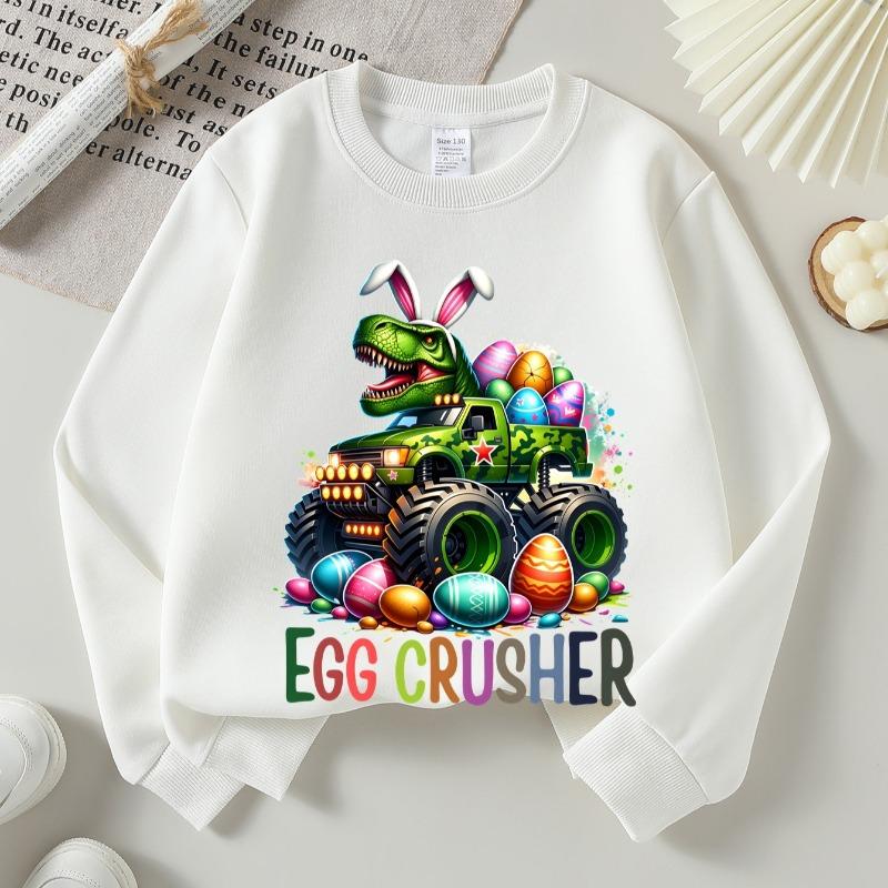 Kids Crewneck Long Sleeve Sweatshirt,Easter Dinosaur Truck Egg Crusher Print