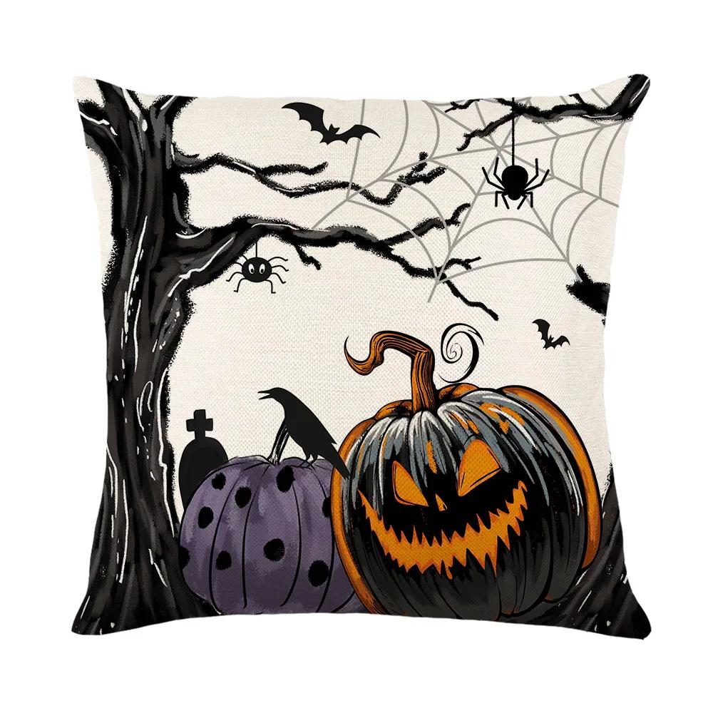 Happy Halloween Home Sofa Decoration Pillows Cushion Cover 18x18 Inches Linen Pillow Cover Halloween Pillowcase Festive Supplies
