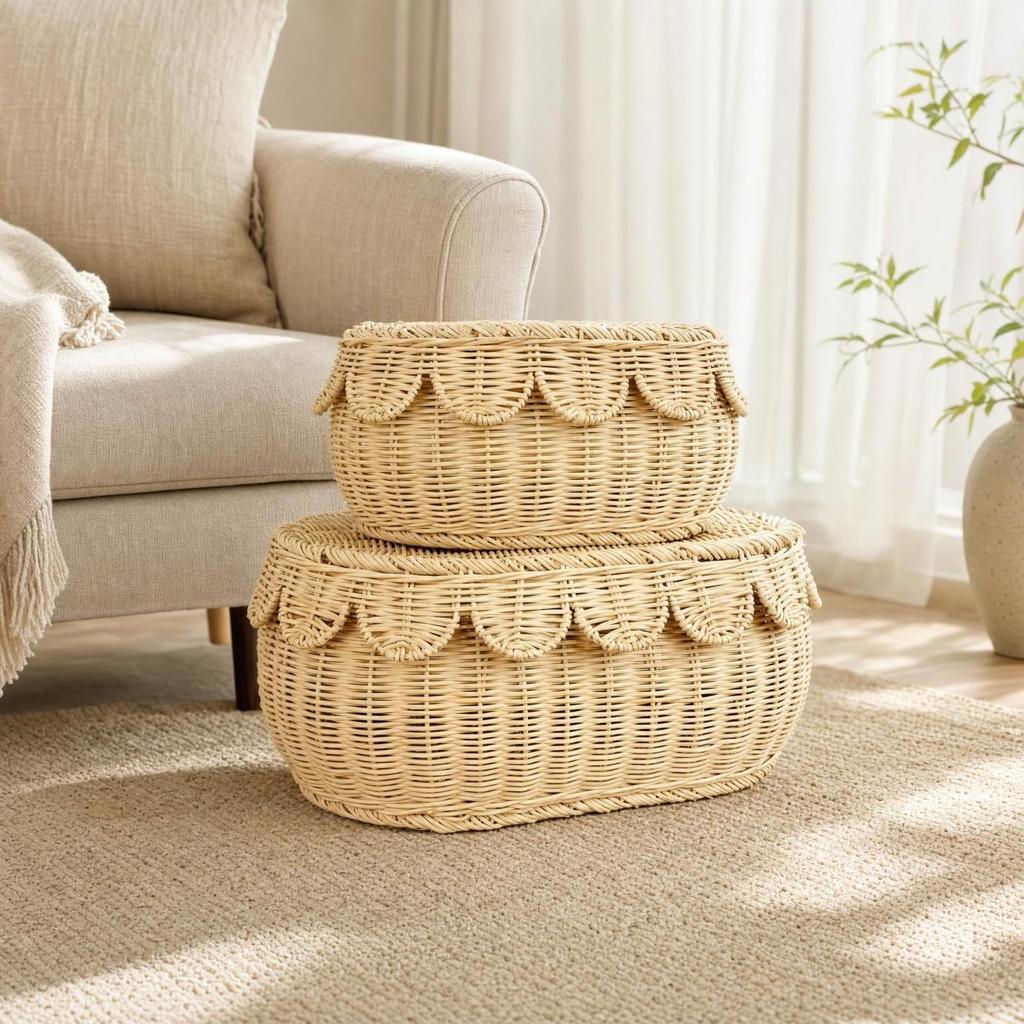 Rattan Storage Basket with Woven Lid Textured Desktop Organizer for Household