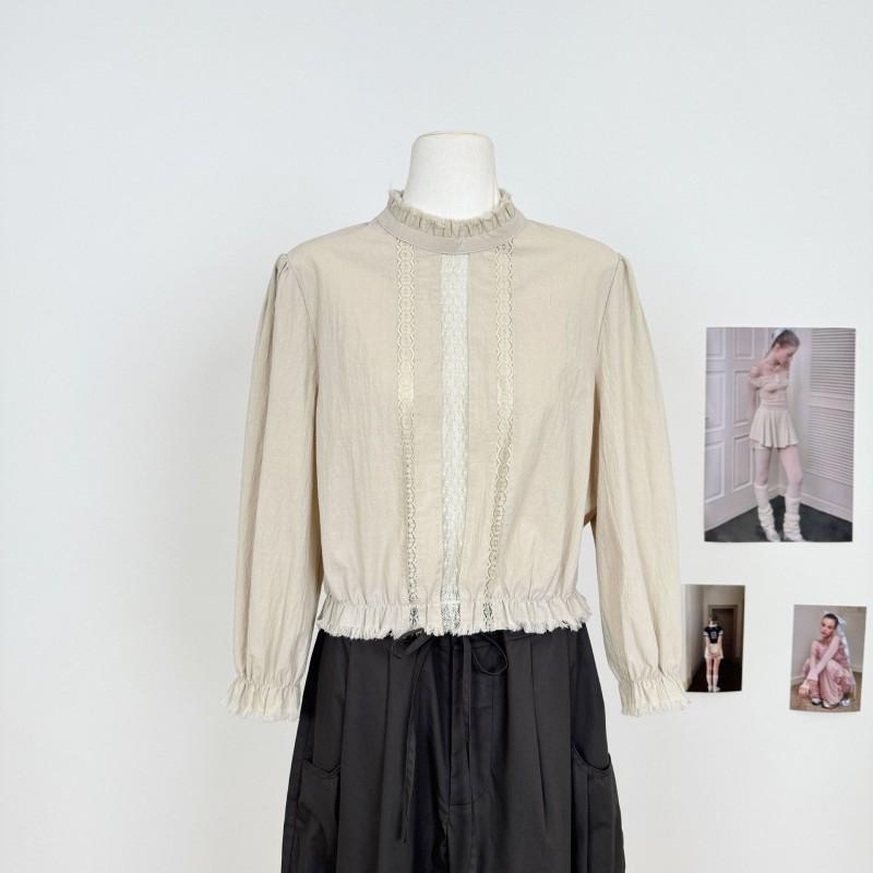 Womens Linen French Lace Shirt Cold Style Relaxed Fit Convertible Top Solid Color Long Sleeve Round Neck Office