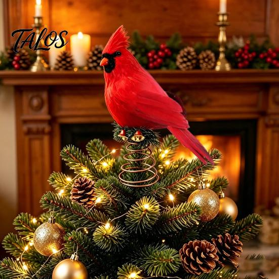Reusable Artificial Feather Birds 12 Inch Red Bird Christmas Tree Topper, Feathered Ornament for Holiday with Metal Spring Base, Winter Wedding