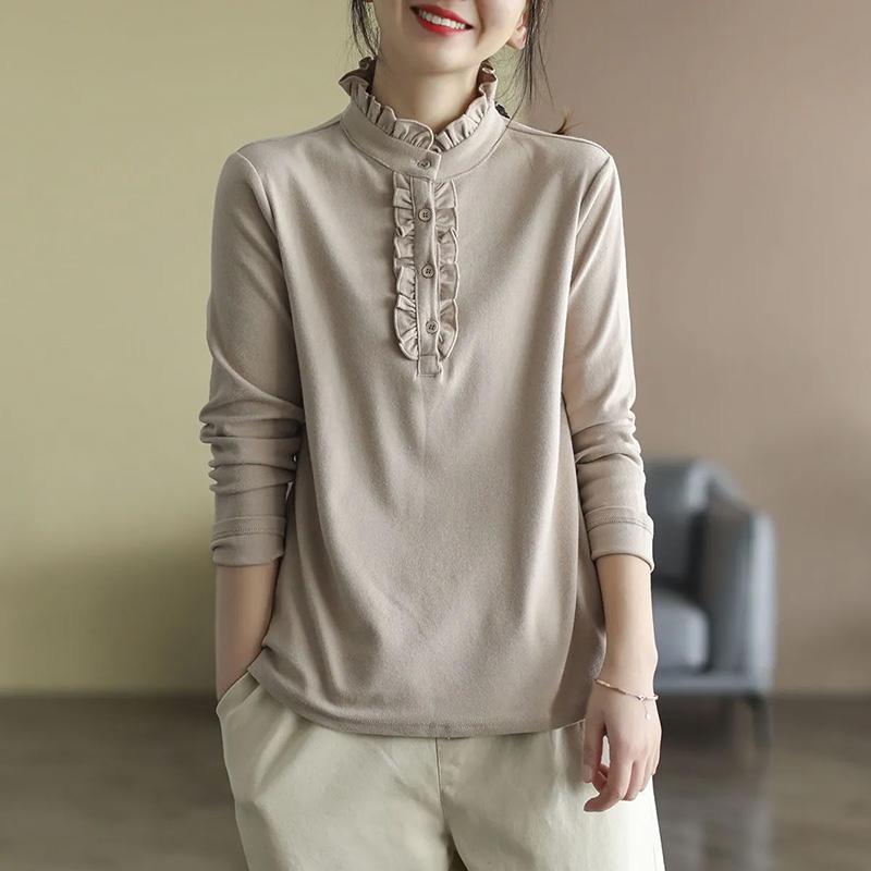 

Свитшот для женщин, хлопковая свободная футболка большого размера с длинным рукавом, флисовая утолщенная удобная круглая горловина, повседневный пуловер, топ, свитшот M бежевый