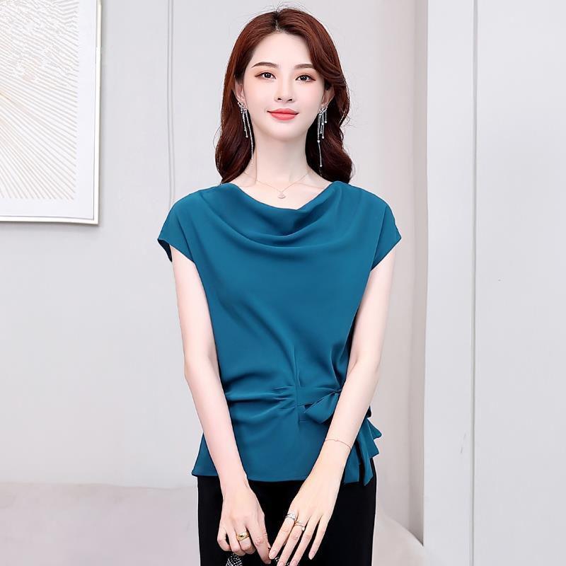 Chiffon Shirt Women's New Summer Fashiona Age Reducing French Short Sleeve Blouse Solid Color Bottoming Top