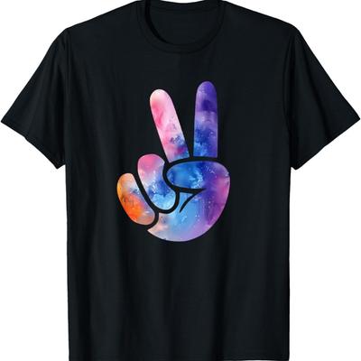 Colorful Silhouette Color Art Watercolor Peace Sign Hand T-Shirt(36)