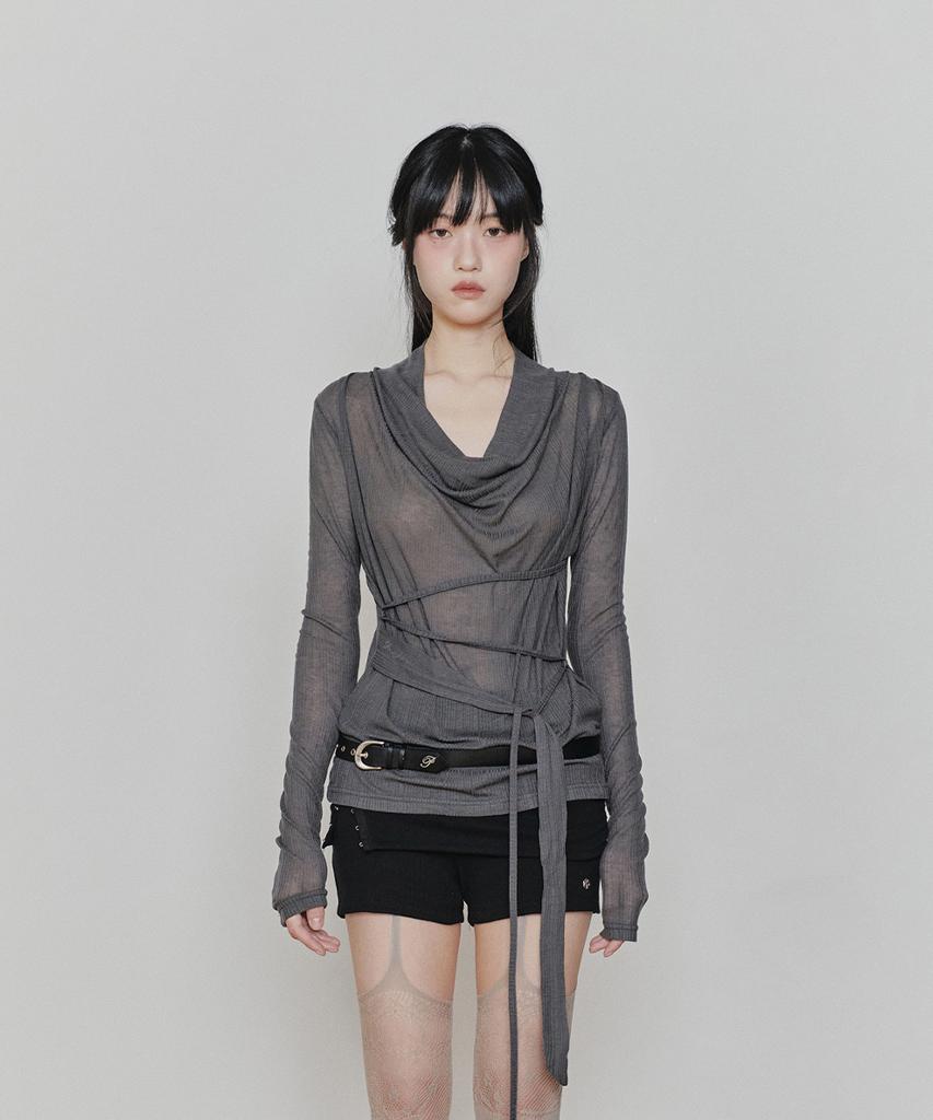 PAINORPLEASURE Lily Cowl Ribbon Top Charcoal