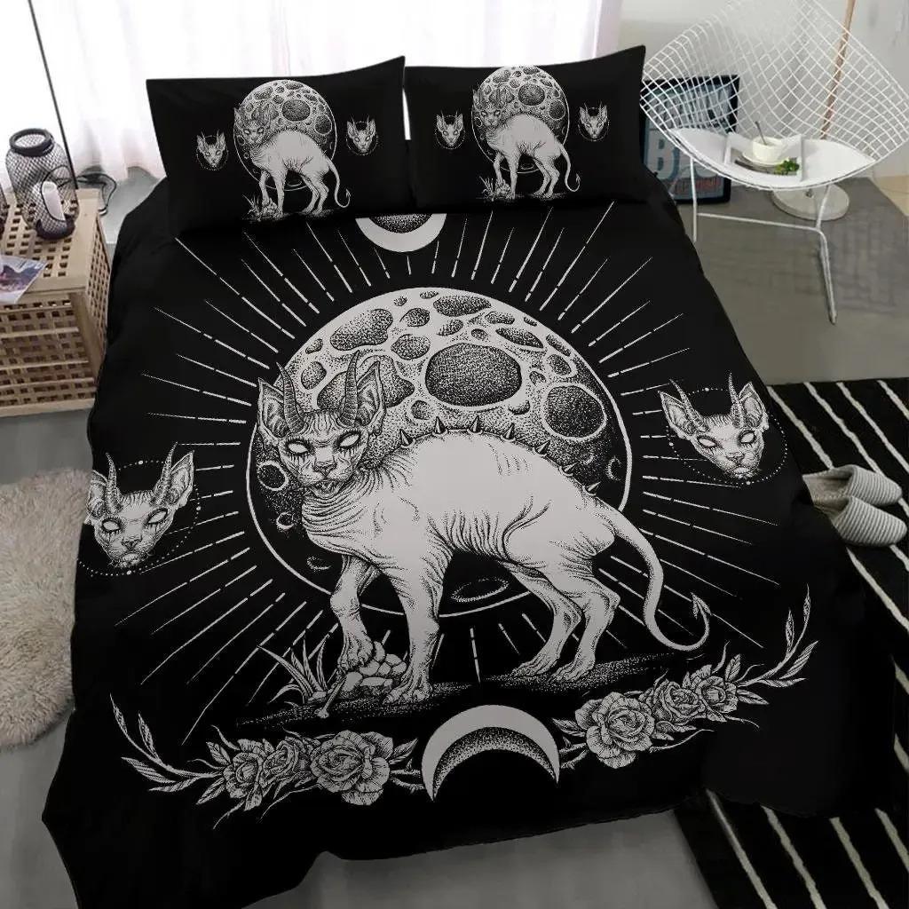 Wiccansk Okkult Svart Katt Dynetrekksett, Gotiske Svart Katt Sengetøy Mystisk Sol og Måne Dyne Trekk Queen Size