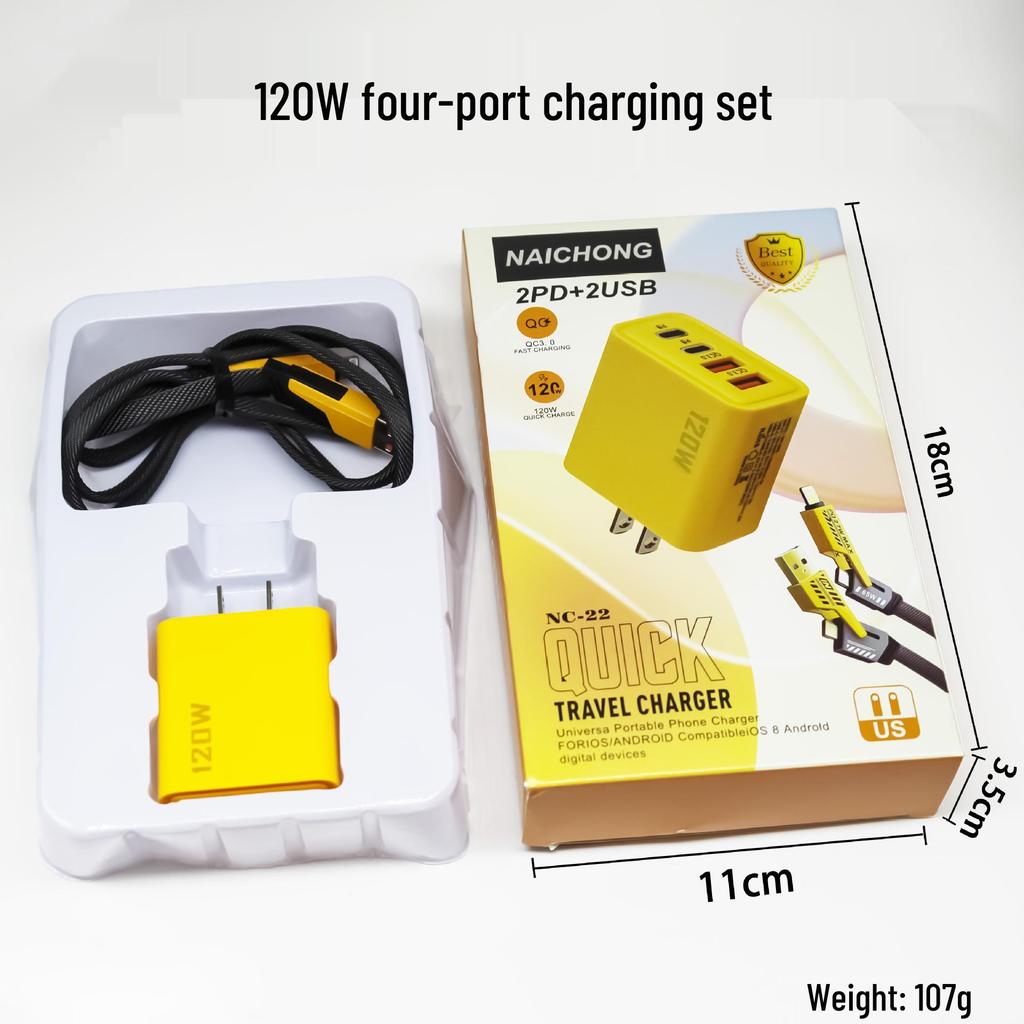 120W Multi-Port Fast Charger: Dual USB & Dual Type-C, US & EU Compatible