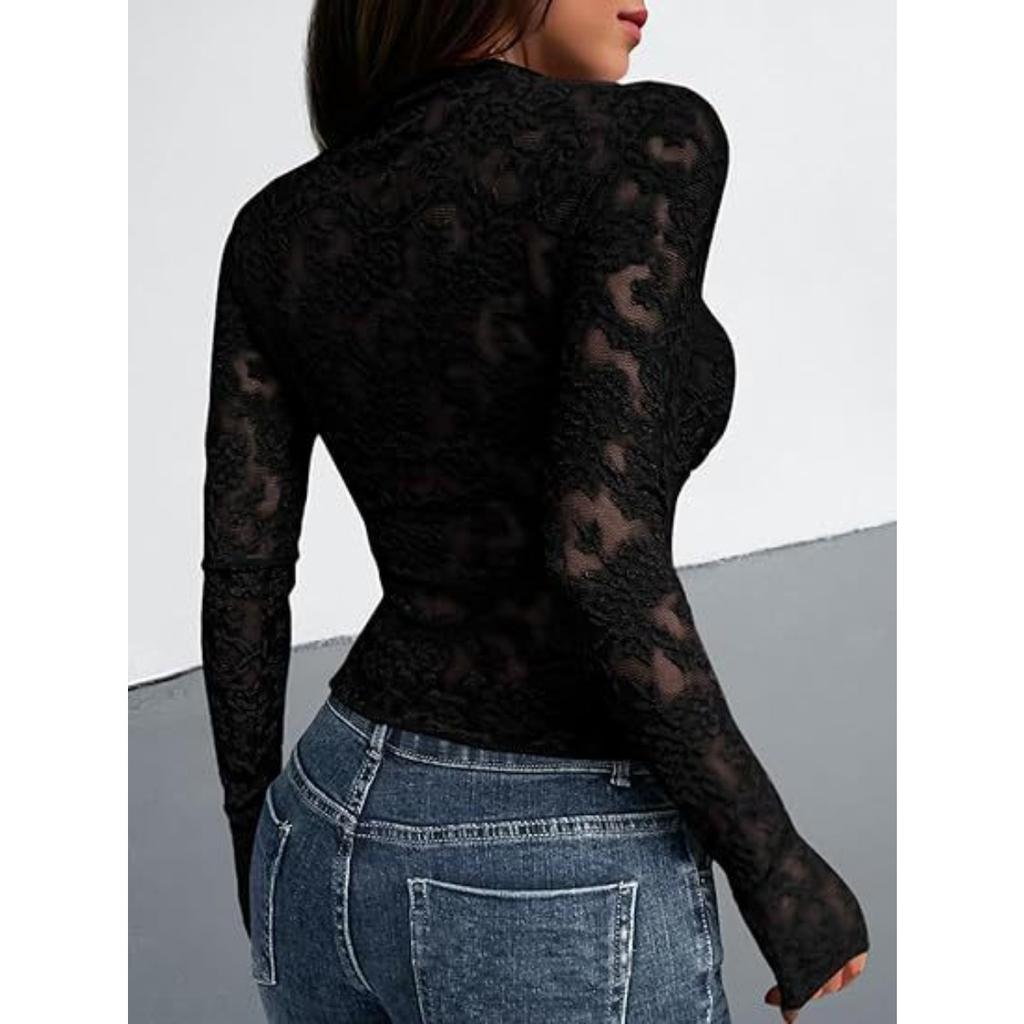 Autumn Sheer Mesh Floral Lace Blouse for Women, V-Neck Sexy Party Clubwear