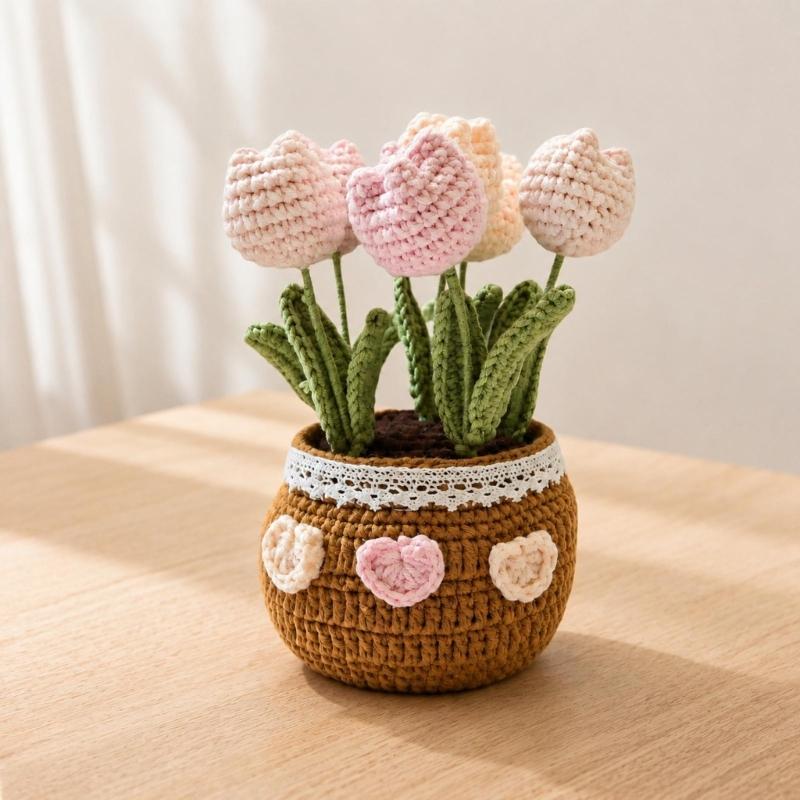 Potted Crochet Tulips Decors with Handcrafted Yarn Texture, Handmade Knitted Potted Flower for Tabletop Display, Gift for Women