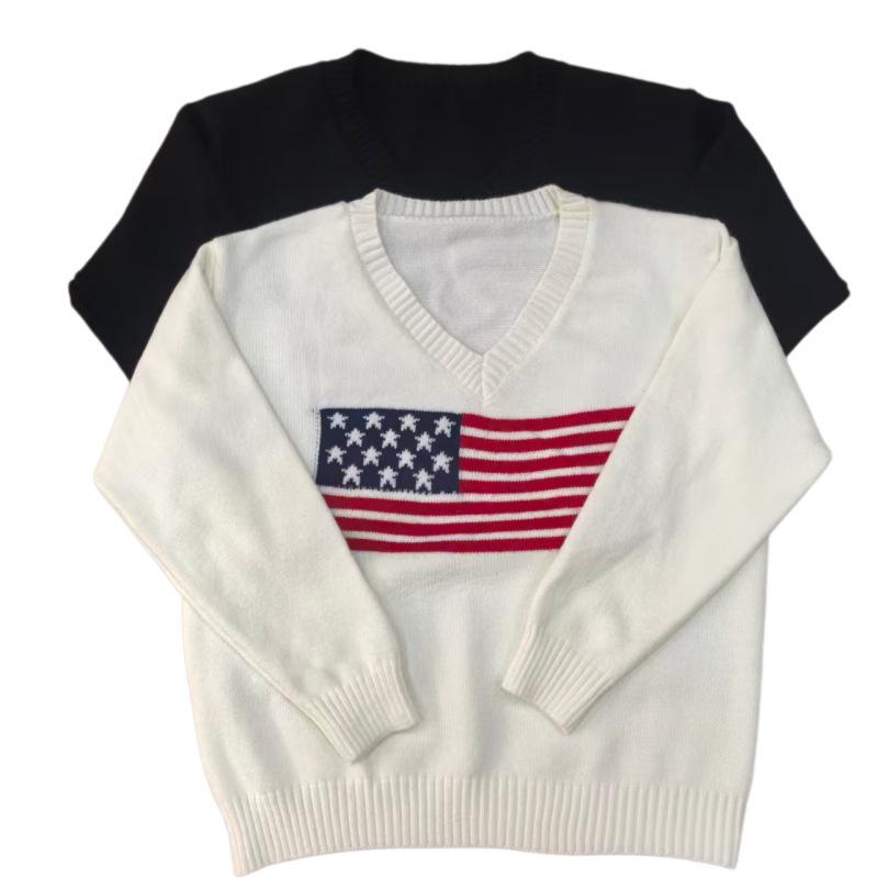 Autumn/Winter V-Neck Knit Sweater for Women - American Flag Jacquard Pattern