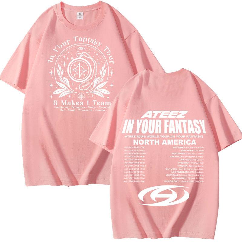 ATEEZ "In Your Fantasy" Vintage T‑Shirt, Front White Ornamental Badge with "8 Makes 1 Team" & Back Full Tour Date List, Oversized K‑Pop Fan Tee