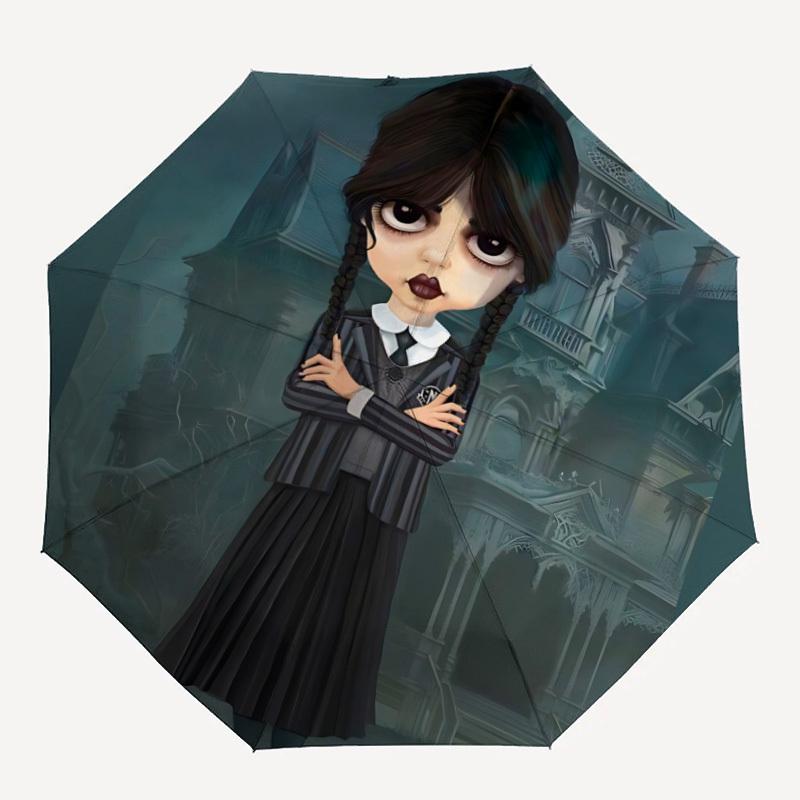 

1pc Wednesday Automatic Umbrella - 8-Rib Portable Folding Black Iron Frame for Outdoor, Beach, Travel 0905145