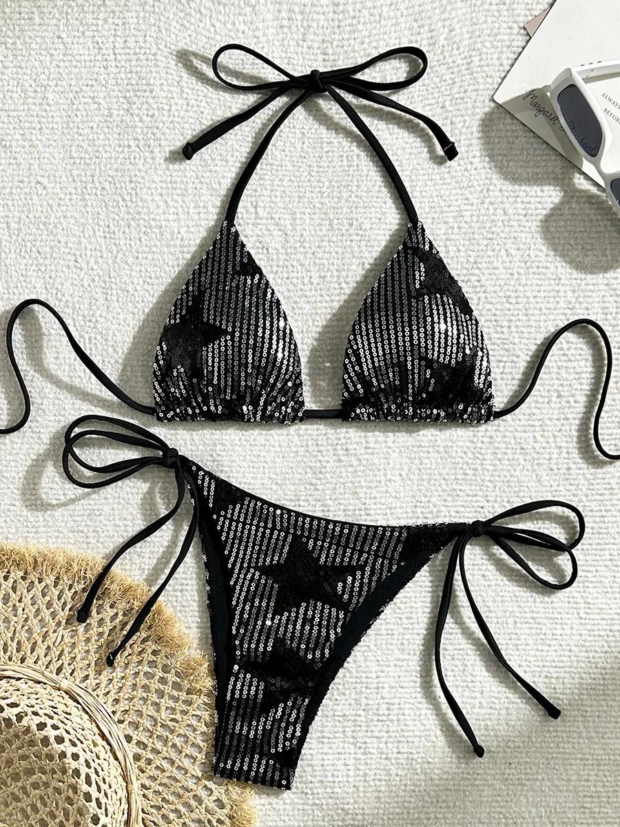 Halter Shiny Star Sequins Bikini 2025 Women Swimsuit Female Swimwear Two Pieces Bikini Set Brazilian Bathing Suit Swim Beachwear S