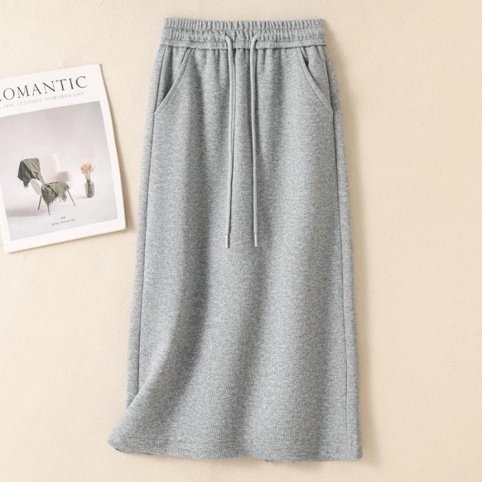 Women's Autumn/Winter Fleece-Lined or Regular Midi Skirt Sweatshirt Dress, Plus Size, Elastic Waist with Drawstring