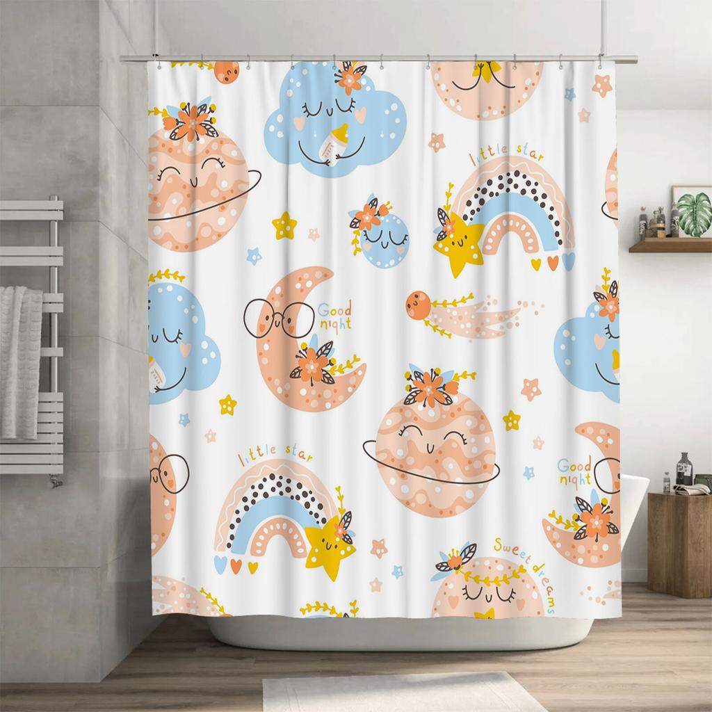 Sweet DreamsBlue Moon Rainbow Shower Curtain with Clouds for Kids Bath Decor Pink Stars Yellow Sunflower Design