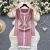French high-end small fragrance fashionable contrasting colors square neck pearl buckle slim-fit dress women's waist-wrapped hip-wrapped knitted skirt