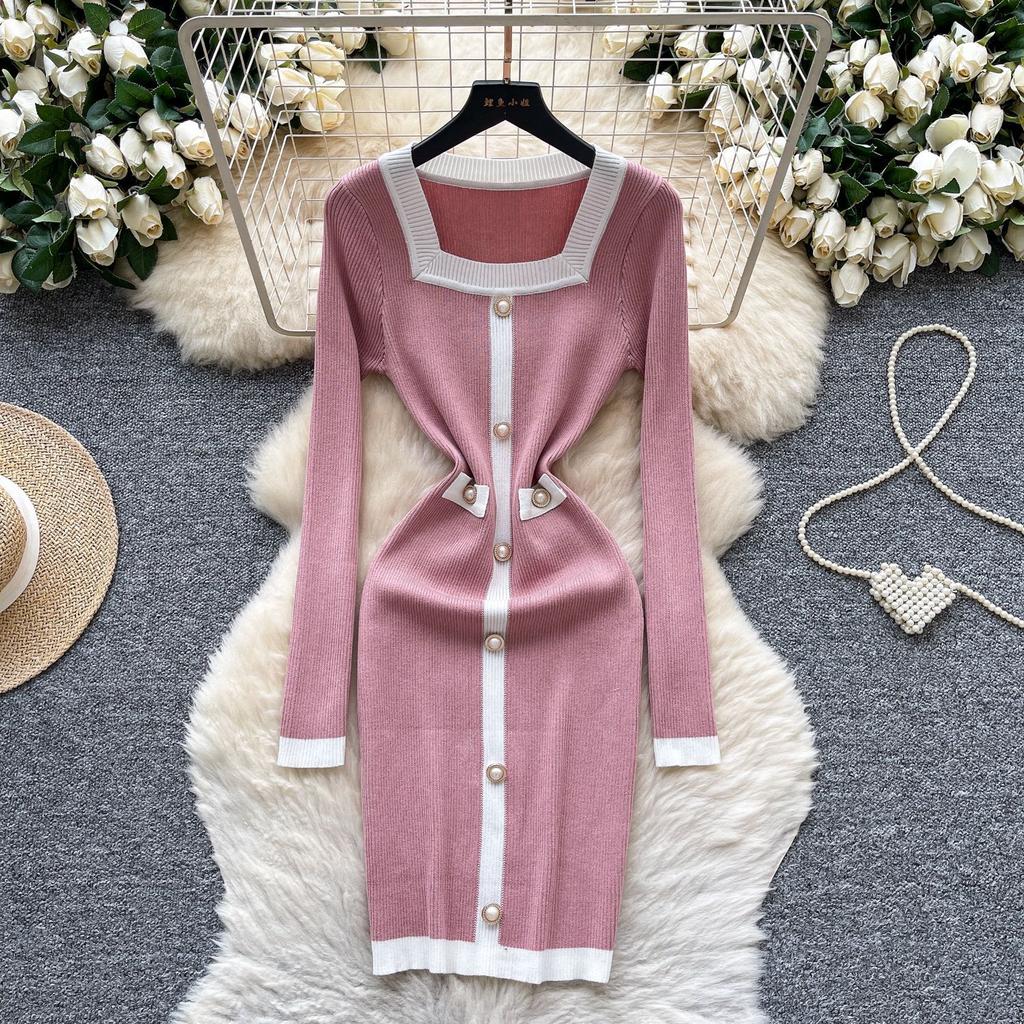 French high-end small fragrance fashionable contrasting colors square neck pearl buckle slim-fit dress women's waist-wrapped hip-wrapped knitted skirt