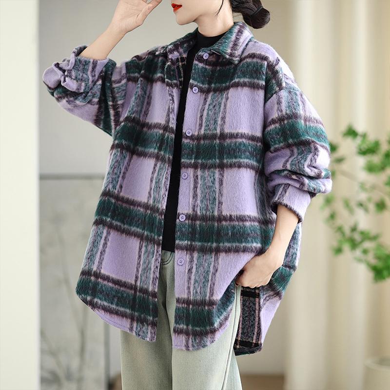 DIMANAF 2025 New Autumn Winter Plus Size Women Coats Jackets Loose Casual Outerwear Vintage Lady Plaid Cotton Thick Long Sleeve
