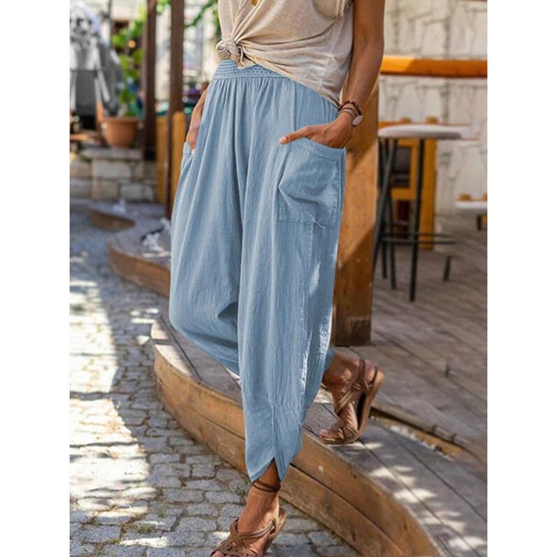 New Women's Cotton Linen Wide Leg Pants, Loose Fit Casual Joggers with Side Pockets and Elastic Cuffs for Spring Summer Beach Wear