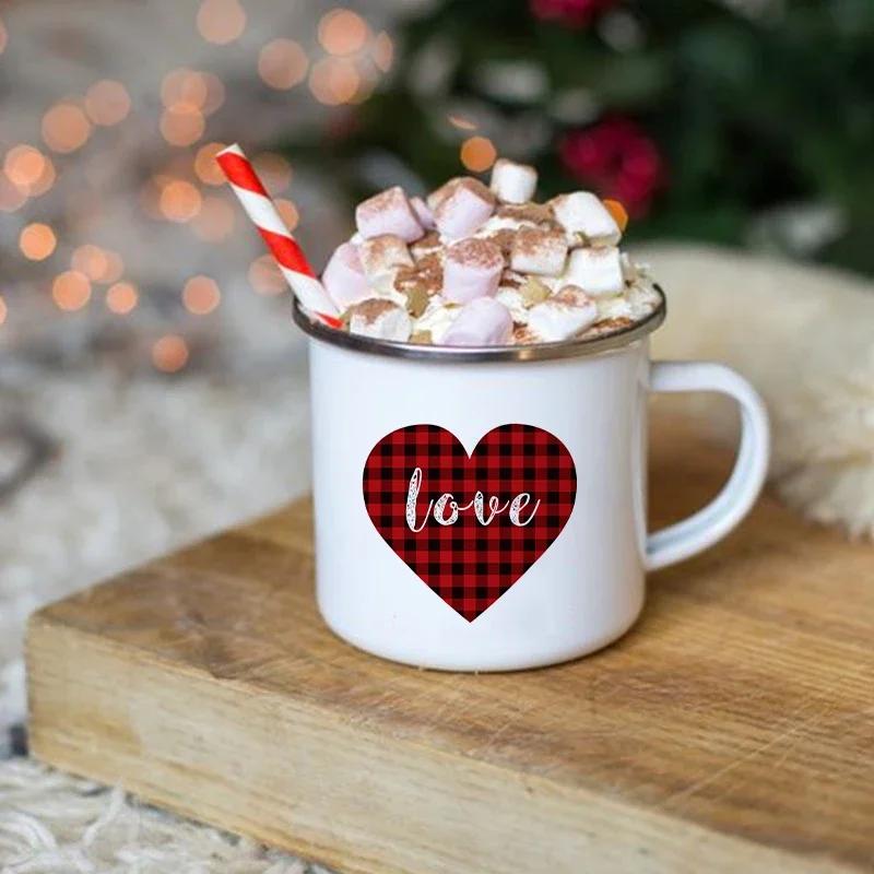 Vintage Christmas Wine Enamel Mug Love Heart Printed Creative Coffee Cocoa Cups Drinks Milk Juice Cup Cake Mugs Handle Drinkware