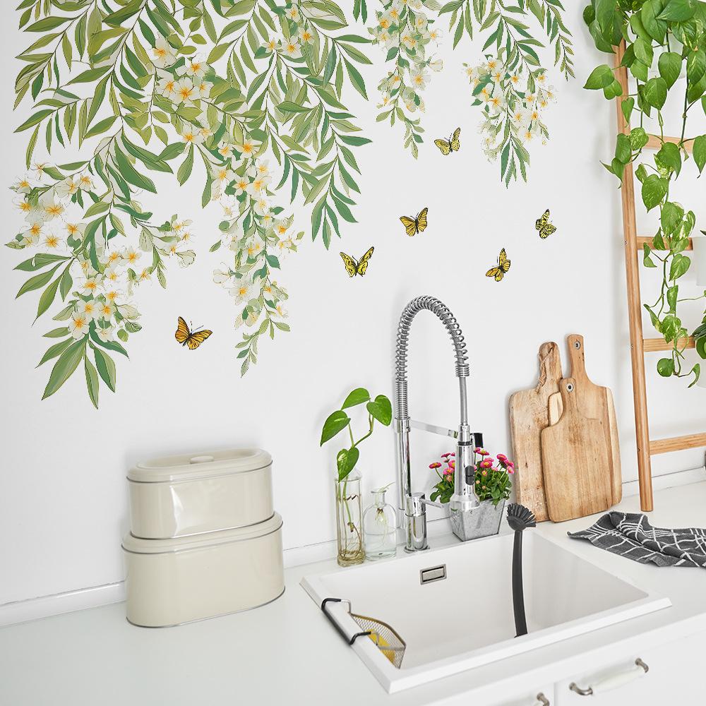 Fresh Green Leaves, Tree Branches, Small White Flower Butterflies, Living Room Home Wall Background Beautification Wall Stickers