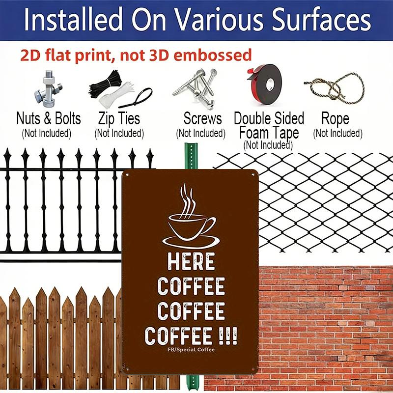 2D Flat, Vintage HERE COFFEE!! Metal Wall Decor, Aluminium Coffee Sign, Retro Cafe, Home, Office, for Man Cave Decoration - Indoor/Outdoor Use - No