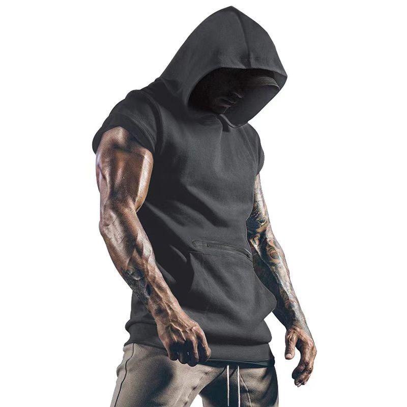 T-shirt da uomo con cappuccio, manica corta, tasca con zip, senza maniche, per allenamento muscolare