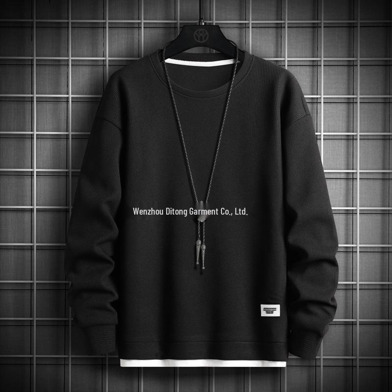 Men s Trendy Waffle Knit Faux Two-Piece Hoodie with Plus Velvet, Round Neck, Long Sleeve Loose Fit for Autumn/Winter. Medium